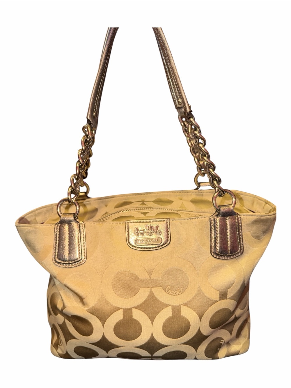 Coach Madison Op Art Sateen Chain Shoulder Tote Gold Beige #20481